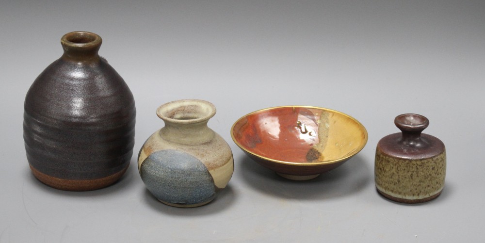 Three assorted Studio pottery vases and a bowl, possibly Japanese largest 14cm